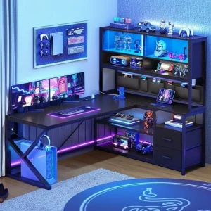 L-Shaped Gaming Desk, Home Office Computer Desk with 2 Drawer and Bookshelf